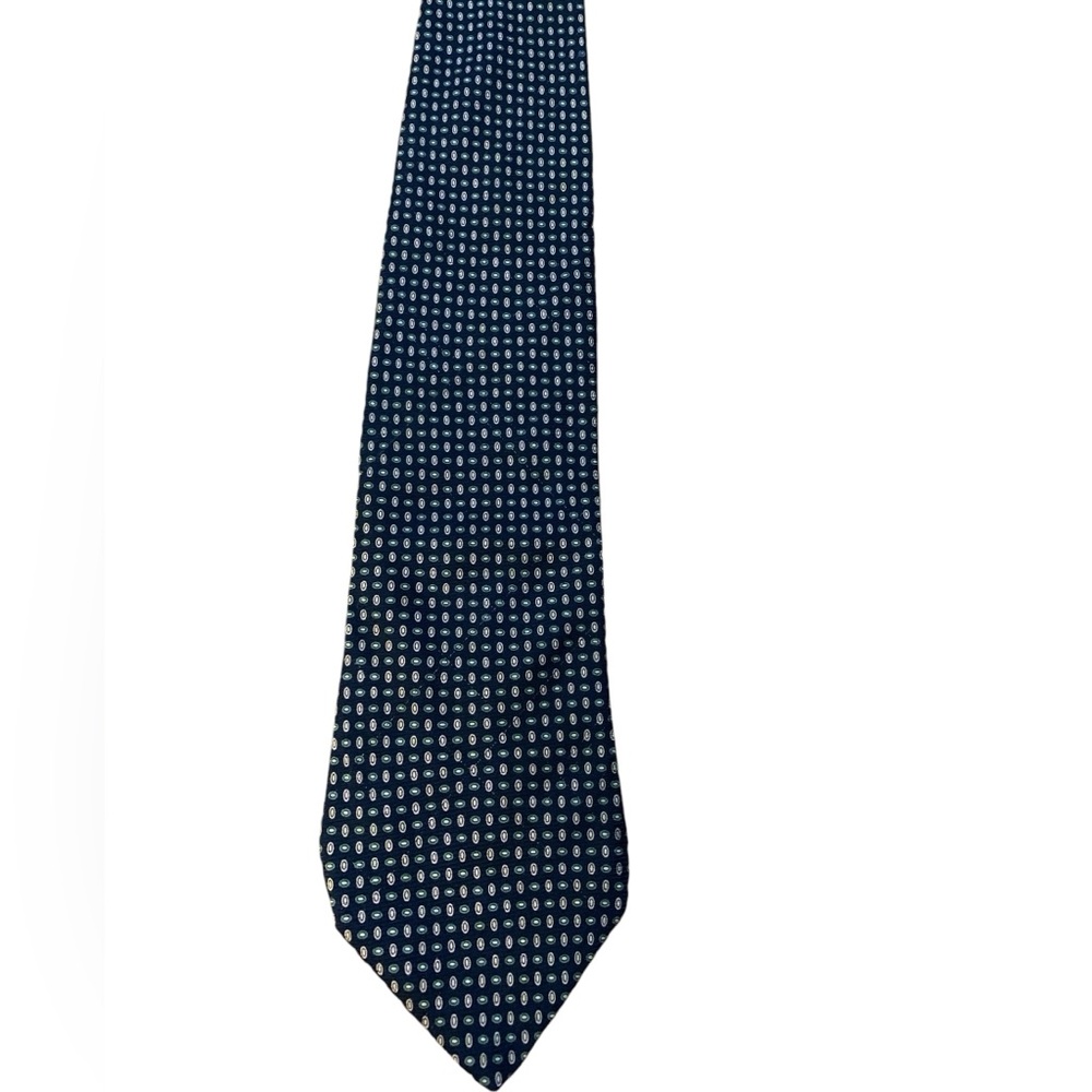 Brooks Brothers 100% silk tie. Navy w/ pink & green ovals. EUC